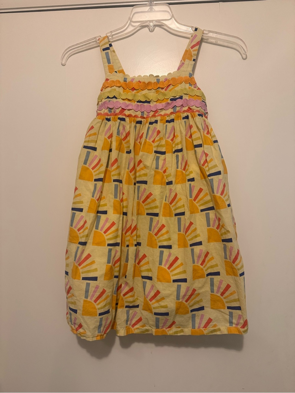 Hanna Andersson Girls Yellow Sunburst Print Sundress with Pink Trim